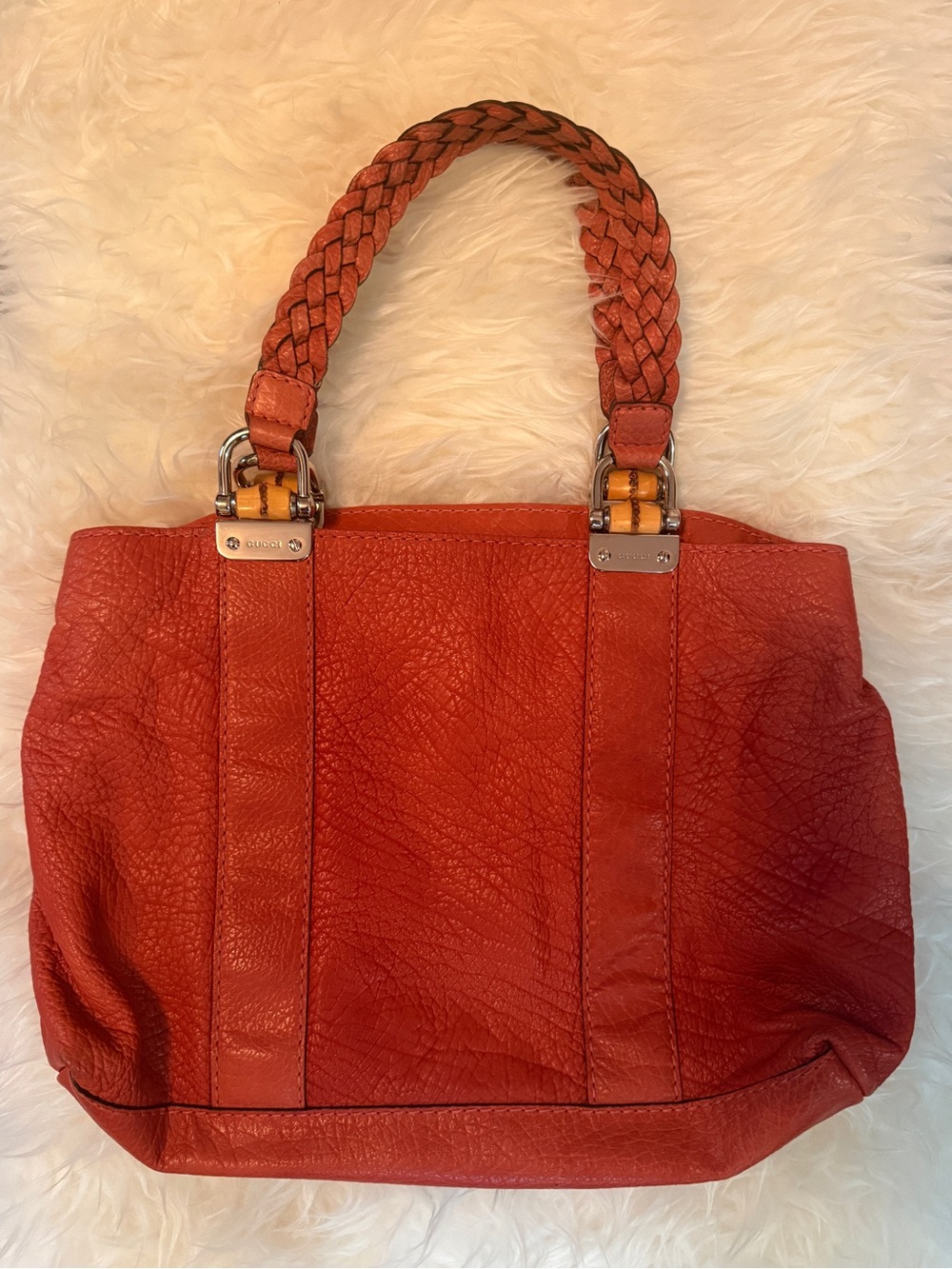 Gucci Braided-Handle Leather Shoulder Bag with Bamboo Accents